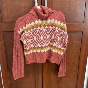SO Rust Patterned Cowl Turtleneck Sweater with Cream & Yellow Details